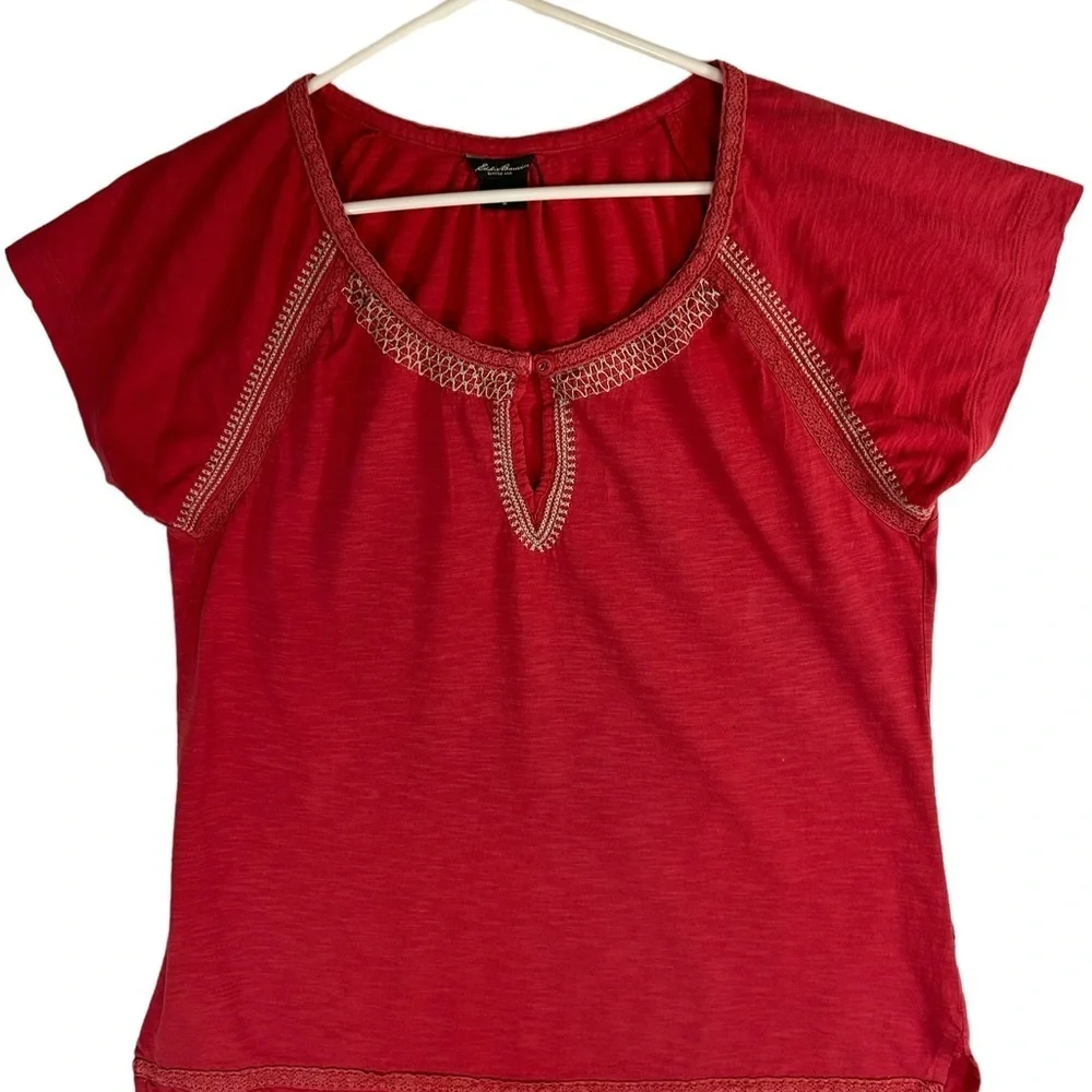 Eddie Bauer Women's Size M Soft Red Embroidered Keyhole Neck Short Sleeve Top - Picture 1 of 7